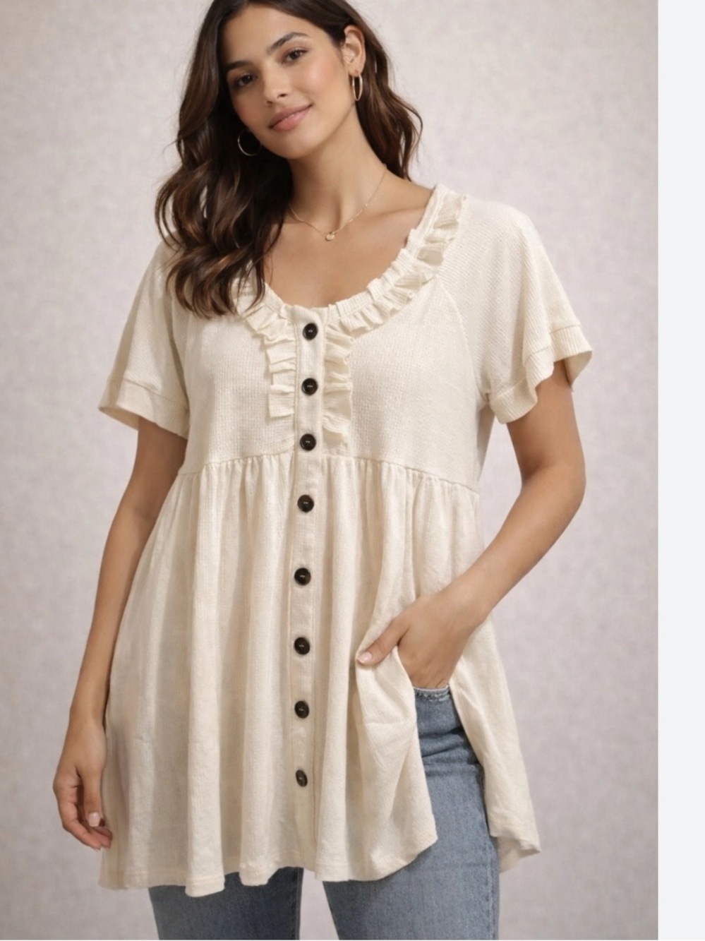 Umgee small oversized babydoll cream BNWT wood button mini dress shirt waffle